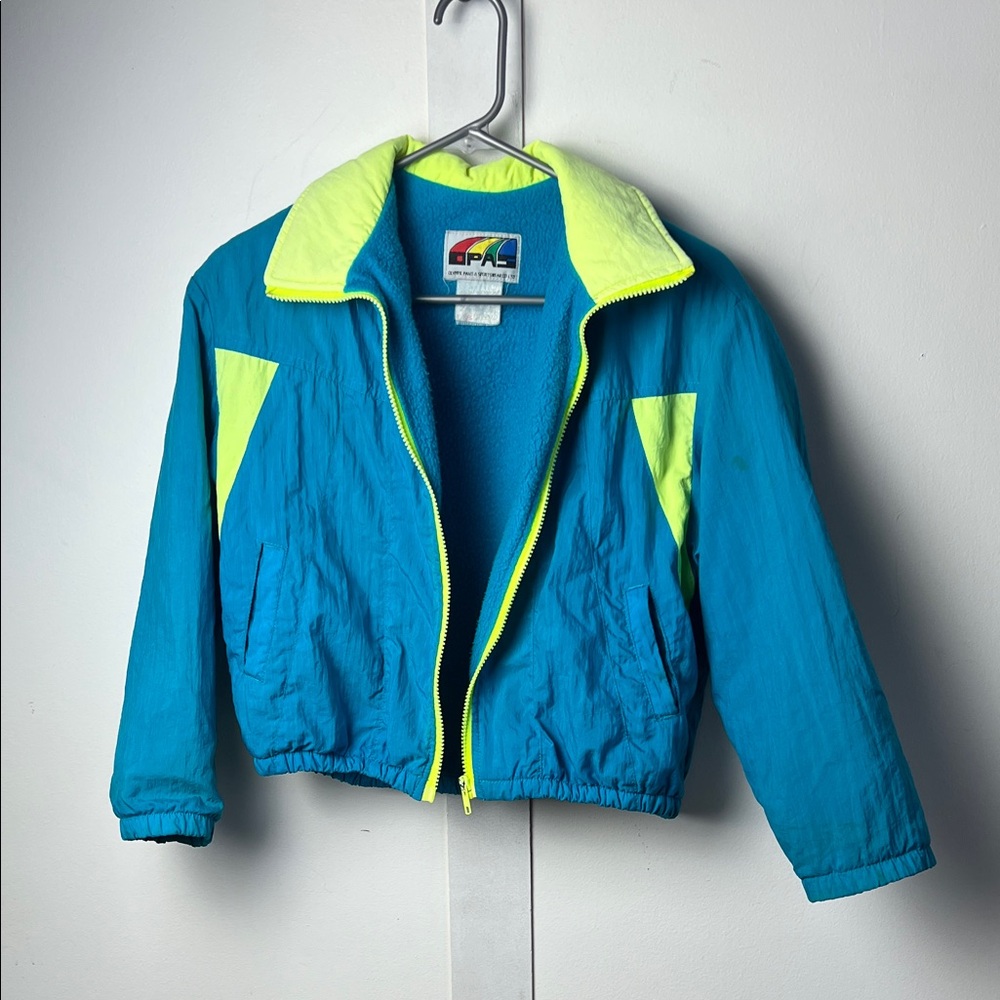 Vintage 90s Kids Cyan Blue and Neon Green Yellow Windbreaker Jacket